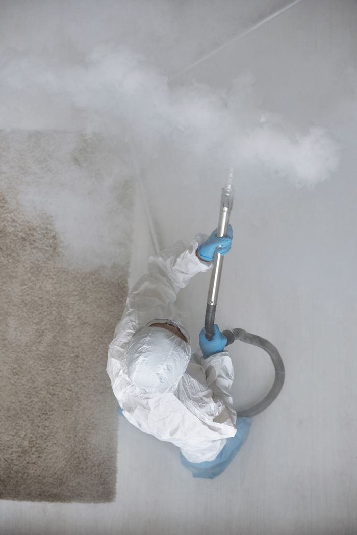 home-img A person wearing protective gear is fumigating indoors with steam equipment.